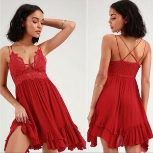 Free People One Adella Red Lace Slip Dress